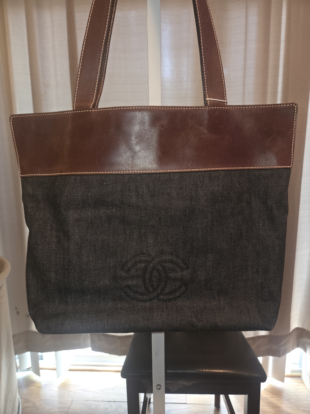 Authenticated Chanel Black Denim and Brown Leather Tote Bag